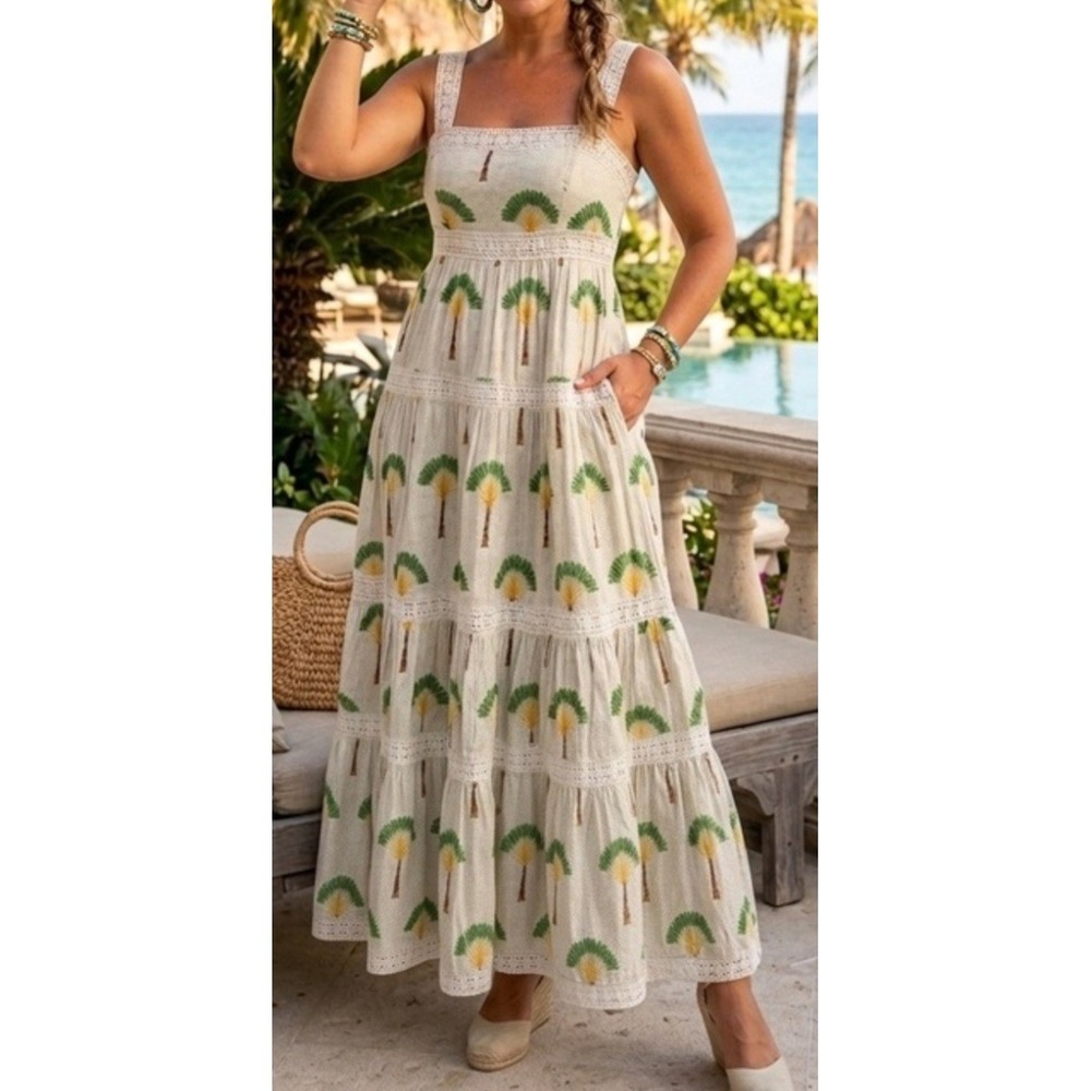 Calypso St. Barth Dress L Maxi Tiered Palm Trees Crochet Lace Straps Cream/Green - Picture 4 of 15